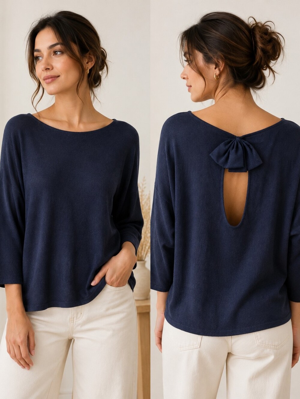 ONLY | Navy Blue Open Back Bow Detail Knit Top, Size M